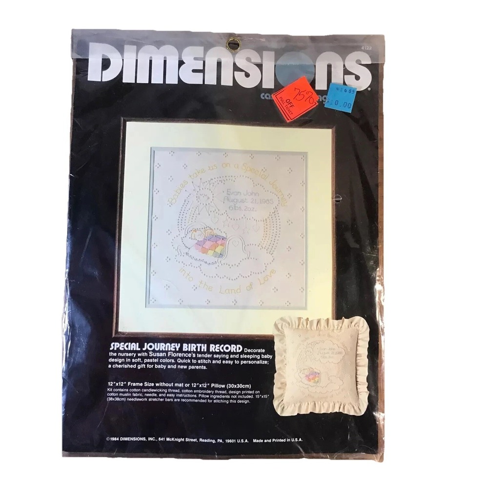 Dimensions Special Journey Birth Record 1984 Sealed Embroidery Pillow 12x12